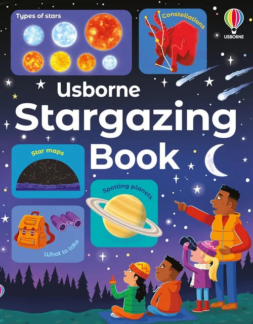 Book cover of 'Usborne Stargazing Book' with illustrations of stars, constellations, and children stargazing.