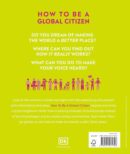 Book cover of 'How to Be a Global Citizen' with text and DK logo on a green background