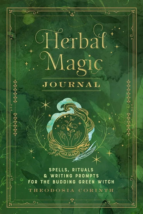 Book cover of 'Herbal Magic Journal' with green leaves and decorative text on a green background