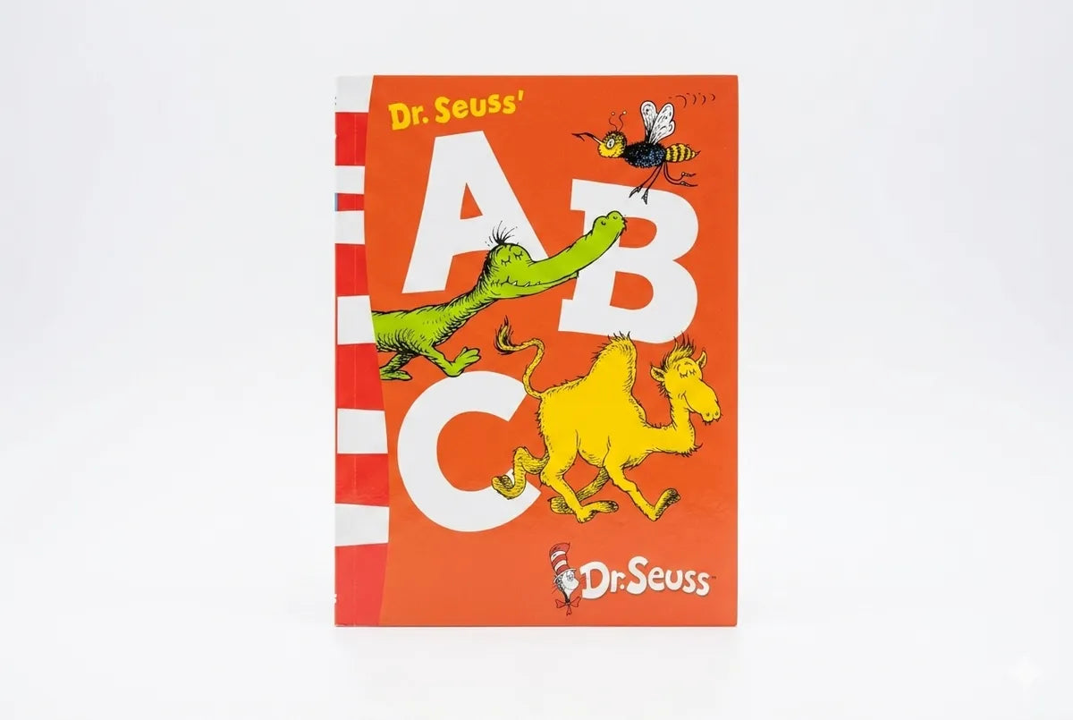 Dr. Seuss book cover with animals and letters on an orange background