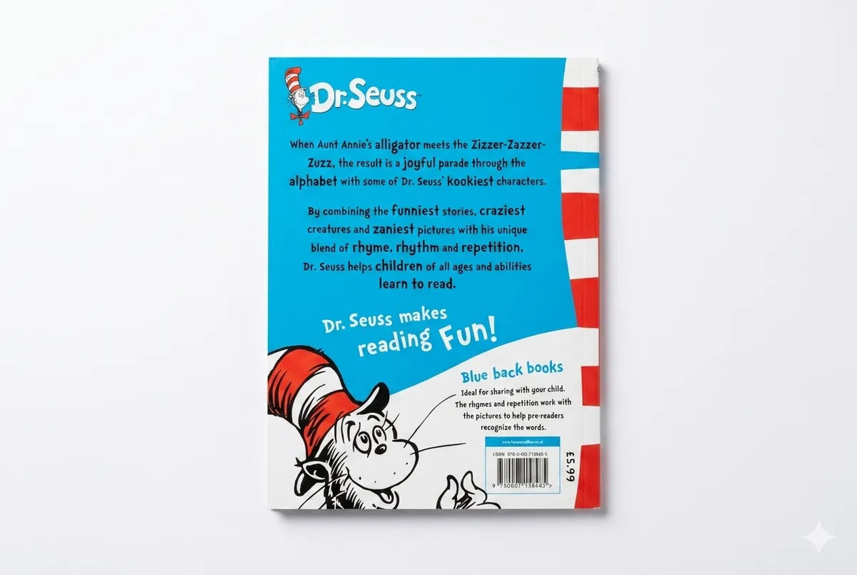 Back cover of a Dr. Seuss book with a blue background and red and white striped border.