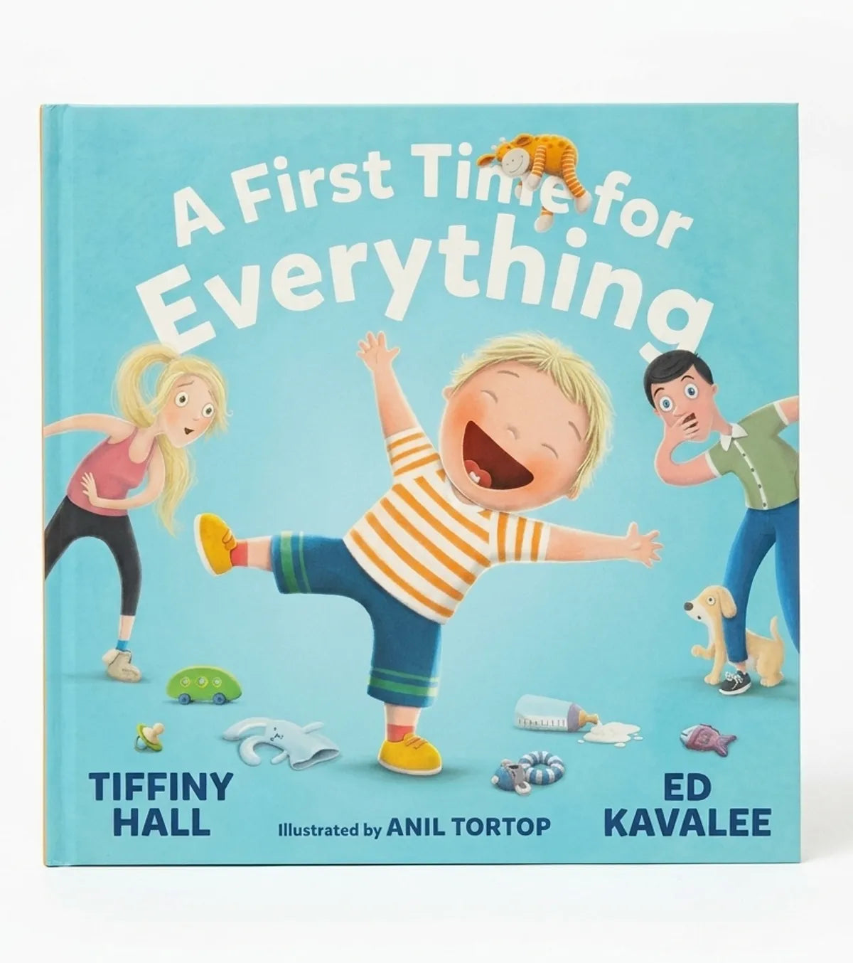 Children's book titled 'A First Time for Everything' with illustrations of children and a dog on a blue background.