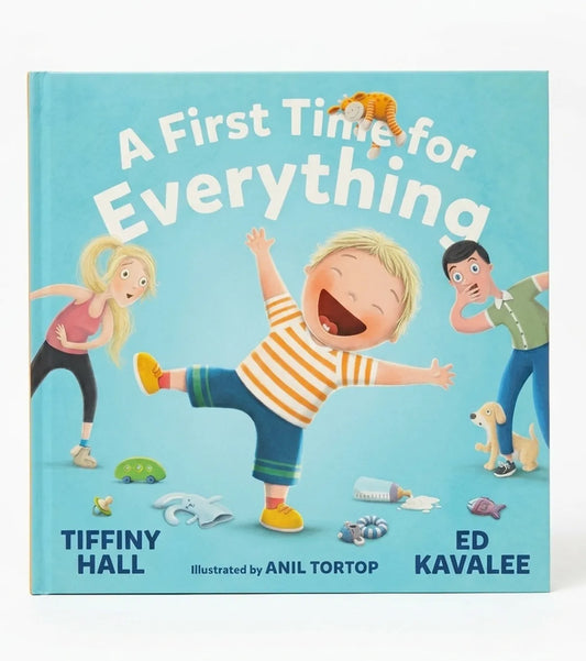 Children's book titled 'A First Time for Everything' with illustrations of children and a dog on a blue background.