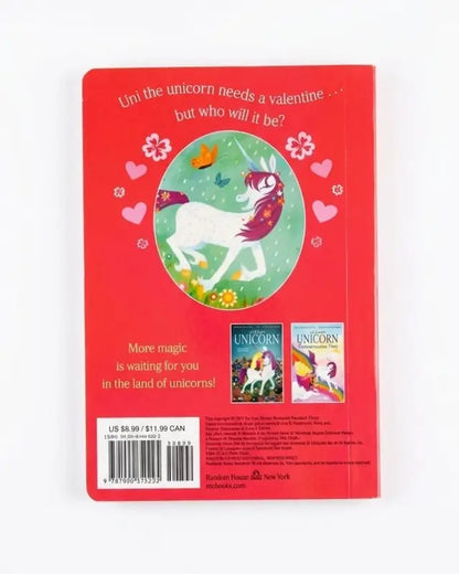 The back cover of the children's book 'Unicorn Needs a Valentine' by Random House, featuring a bright red background with a central illustration of a white unicorn with a pink bow and purple horn, alongside smaller book cover previews and a barcode.