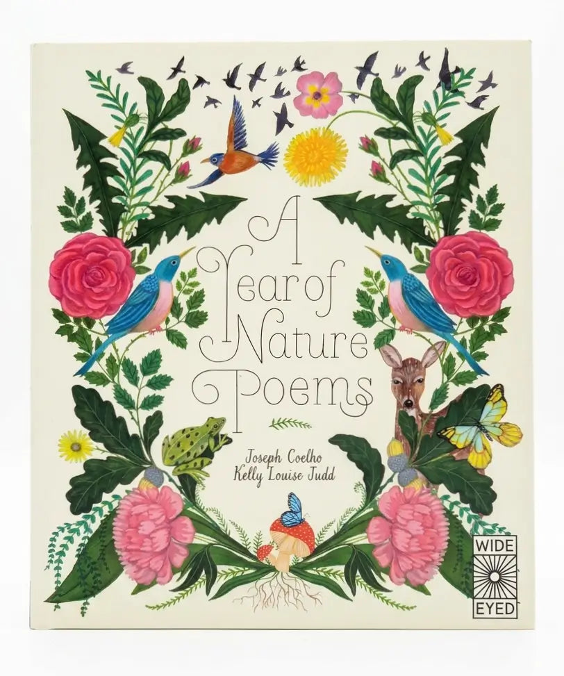 Book cover of 'A Year of Nature Poems' with floral and animal illustrations.