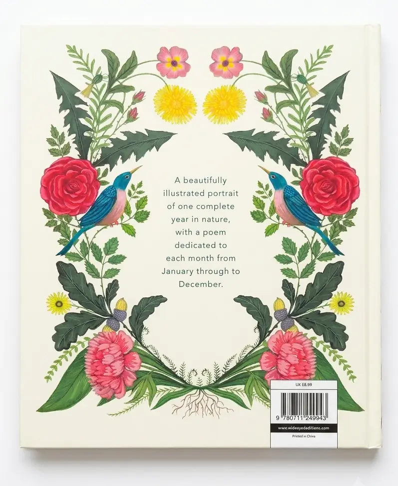 Book cover with floral design, birds, and text on a white background
