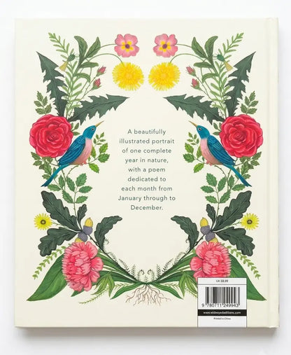 Book cover with floral design, birds, and text on a white background