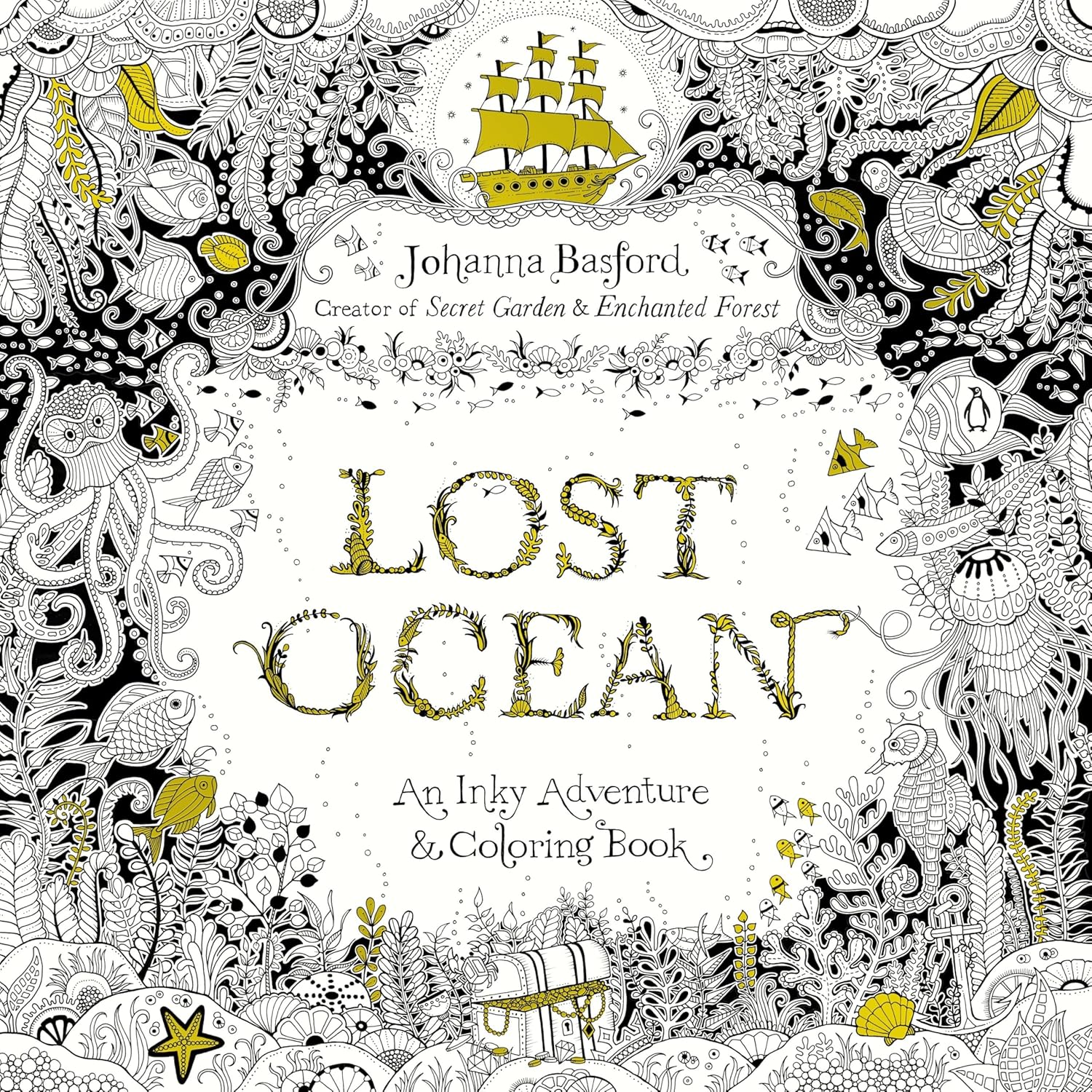 The cover of 'Lost Ocean' coloring book featuring intricate black and white illustrations of marine life, with gold accents and the title text.