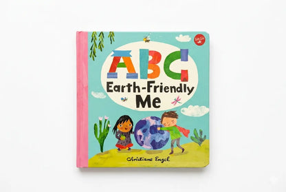 Children's book titled 'ABC Earth-Friendly Me' with colorful cover and illustrations on a white background.
