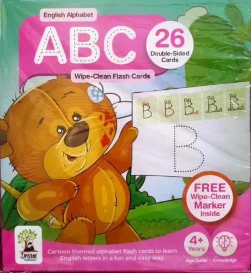 Box of ABC flash cards with a cartoon bear and letter B examples.