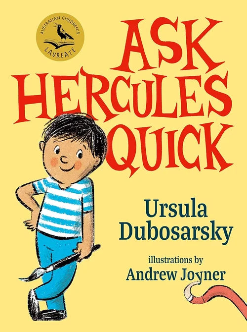 Book cover of 'Ask HerculesQuick' with a child holding a sword on a yellow background