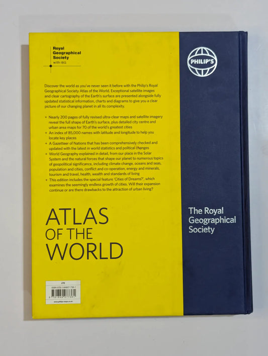 Back cover of an atlas with yellow and blue design, featuring the Royal Geographical Society logo.