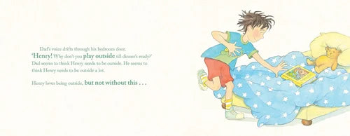 Illustration of a child reading to a cat on a bed with text about playing outside.