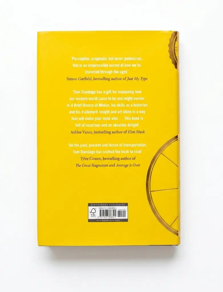 The back cover of a yellow book, photographed flat against a white background. The cover features black text and a gold circular graphic element on the right side.