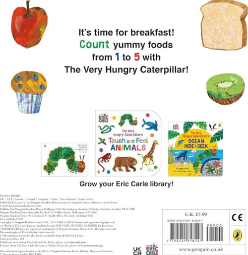Back cover of a children's book featuring food illustrations and text about The Very Hungry Caterpillar series.