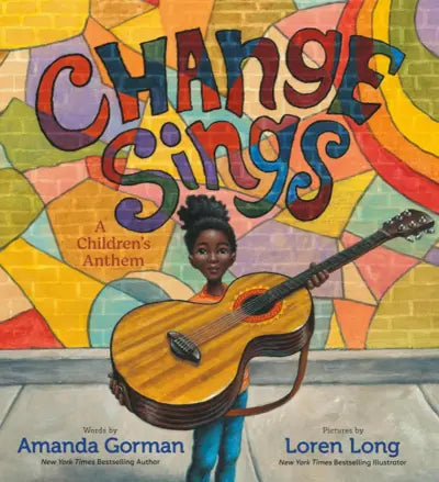 Book cover of 'Change Sings' with a child holding a guitar against a colorful background.