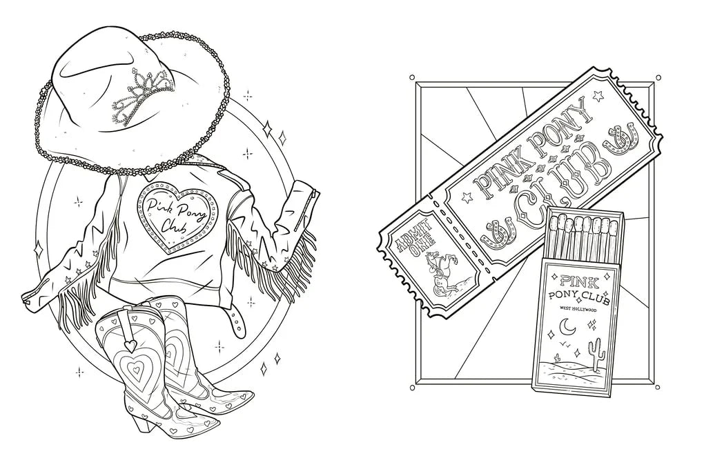 Black and white illustration of a cowboy hat, boots, and 'Pink Pony Club' items on a white background.