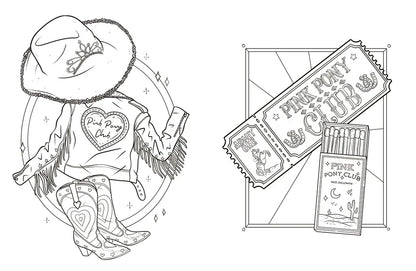 Black and white illustration of a cowboy hat, boots, and 'Pink Pony Club' items on a white background.