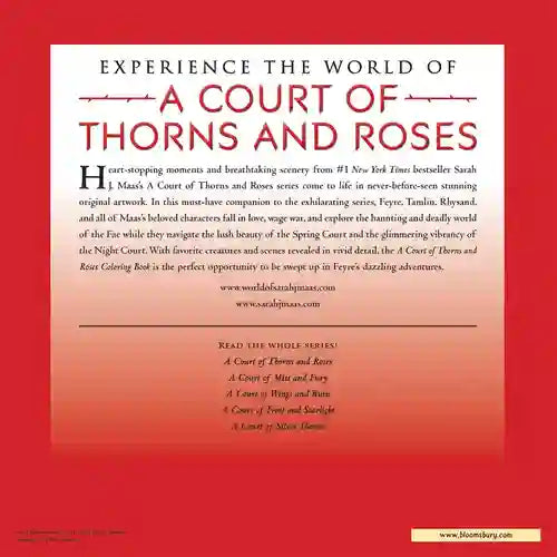 Promotional text for 'A Court of Thorns and Roses' series on a red background