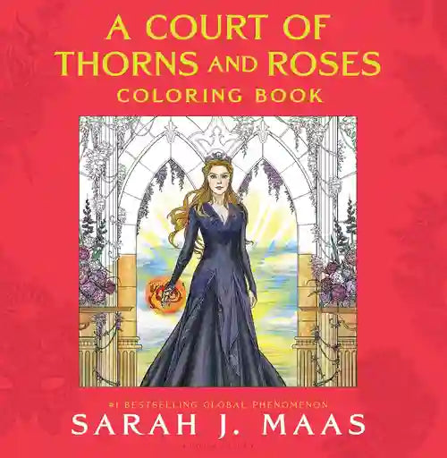 Coloring book cover of 'A Court of Thorns and Roses' with a woman in a dark dress holding a flower, on a red background.
