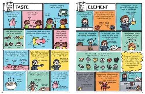 Comic strip with various panels on topics like taste and element, featuring characters and text bubbles.