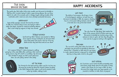 Illustrated infographic about happy accidents with various examples on a light blue background.