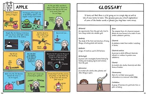 Educational comic strip with various panels and a glossary on a white background