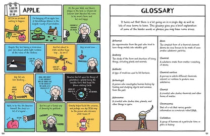 Educational comic strip with various panels and a glossary on a white background