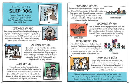 Comic-style diary entry of a sled dog with illustrations and text.