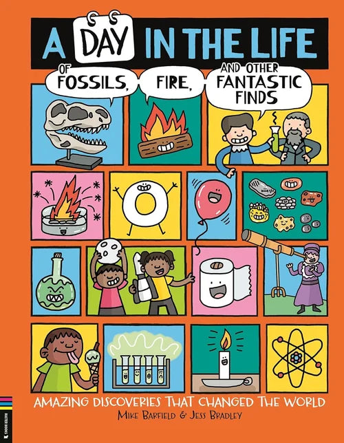 Book cover of 'A Day in the Life of Fossils, Fire, and Other Fantastic Finds' with colorful illustrations and text.