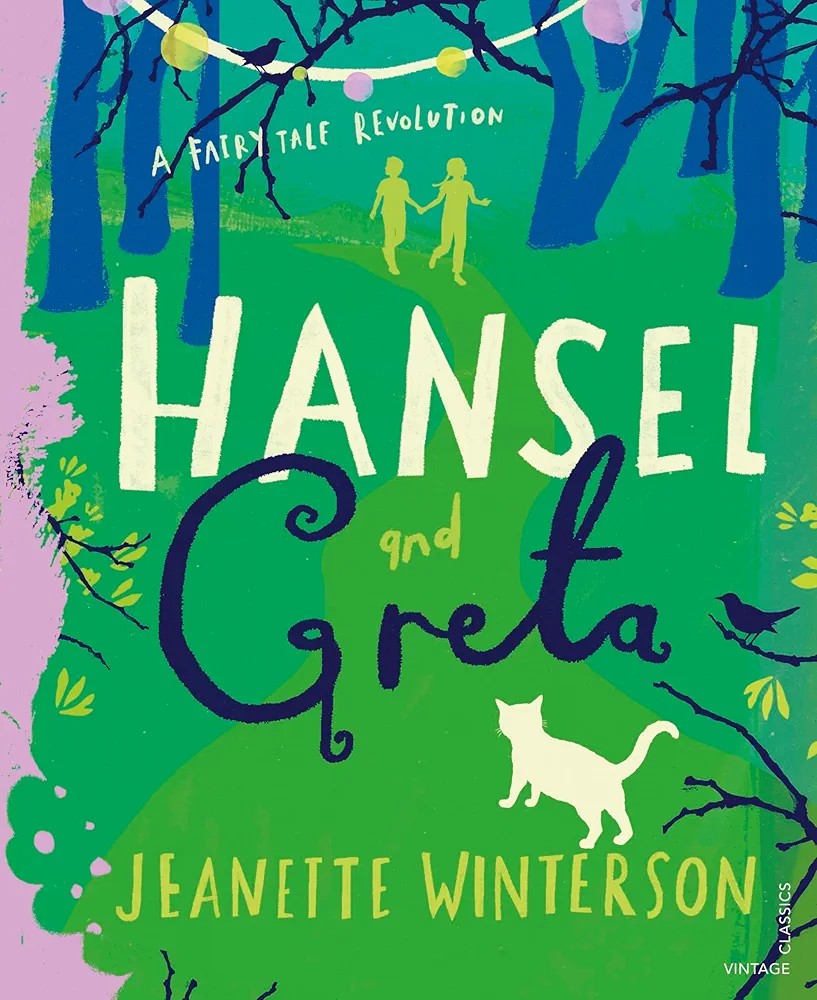 Book cover for 'Hansel and Greta' featuring illustrations of children, a forest, and an owl.