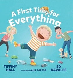 Book cover of 'A First Time for Everything' with children playing on a blue background