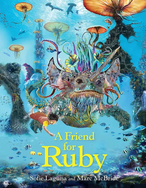 Book cover of 'A Friend for Ruby' with an underwater scene and large creature.