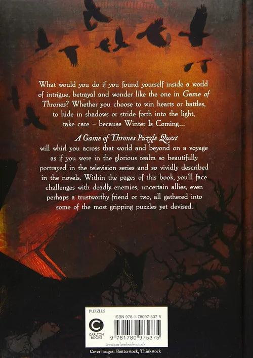 Back cover of a 'Game of Thrones' puzzle book with text and illustrations of birds.