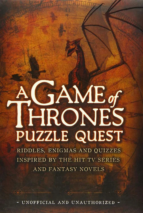 Book cover of 'A Game of Thrones Puzzle Quest' with a dragon and text on an orange background