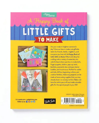 Back cover of the book 'A Happy Book of Little Gifts to Make' by Melissa & Doug, featuring a bright yellow background with colorful craft project photos and text.