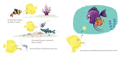 Illustrated page from a children's book with colorful fish characters and underwater scene.