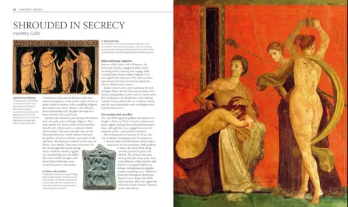 Page from a book or magazine with classical art and text on a red background