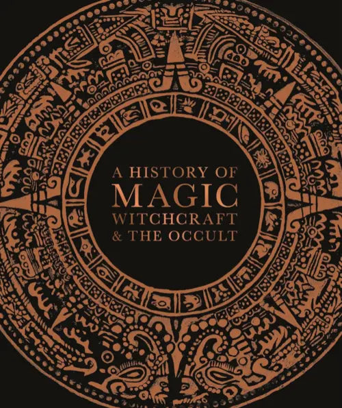 Book cover with intricate design and text 'A History of Magic, Witchcraft & the Occult' on a black background