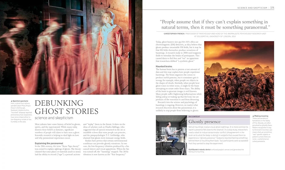 Magazine layout with ghost stories article, blurred images, and desert landscape.