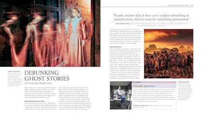 Magazine layout with ghost stories article, blurred images, and desert landscape.