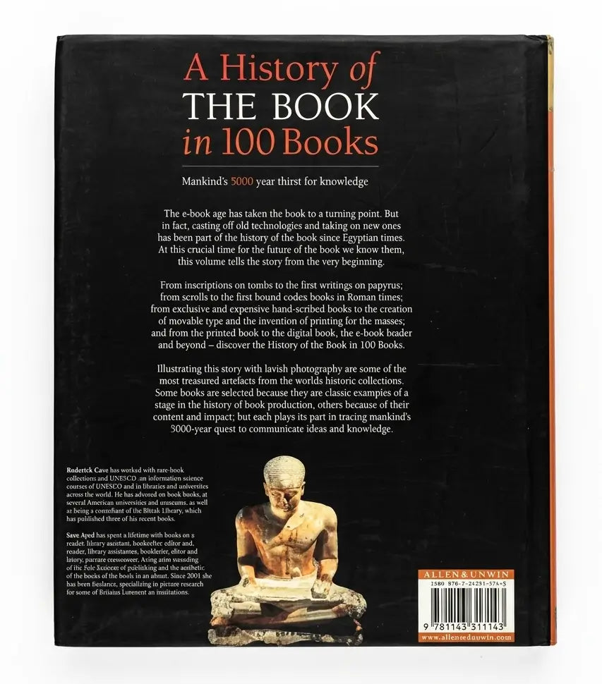 The back cover of the book 'A History of the Book in 100 Books' by Robert Caro, featuring a black background with white and orange text and a photograph of a Buddha statue.