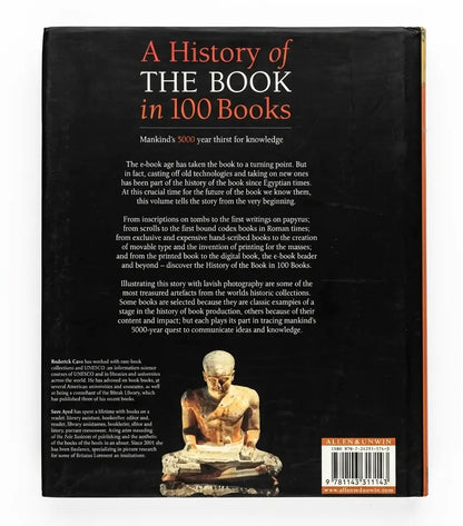 The back cover of the book 'A History of the Book in 100 Books' by Robert Caro, featuring a black background with white and orange text and a photograph of a Buddha statue.