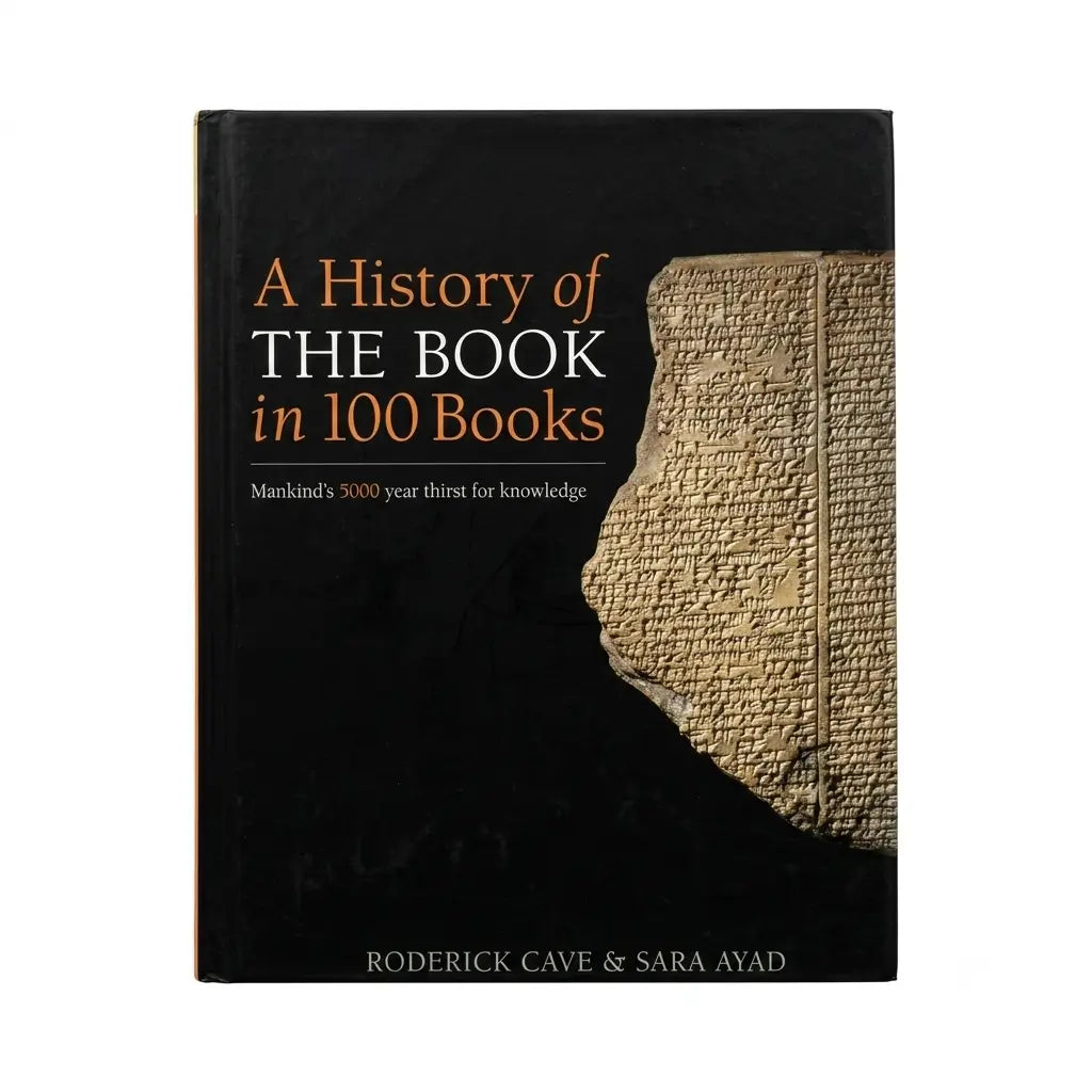 The book cover of 'A History of the Book in 100 Books' by Roderick Cave & Sara Ayad, featuring a black background with a textured ancient papyrus illustration on the right side.