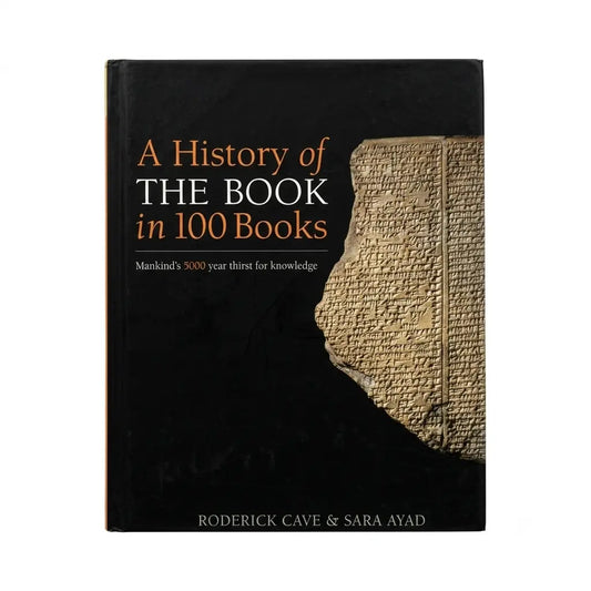 The book cover of 'A History of the Book in 100 Books' by Roderick Cave & Sara Ayad, featuring a black background with a textured ancient papyrus illustration on the right side.