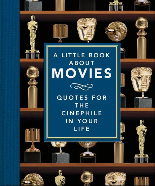 Book titled 'A Little Book About Movies' with movie awards on a shelf background