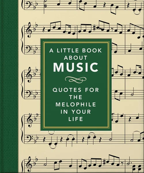 Book cover with music notes and text about music quotes on a beige background