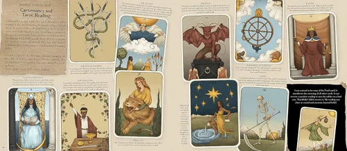 Collection of tarot cards with various symbols and figures on a textured background