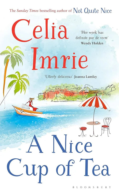 Book cover of 'A Nice Cup of Tea' by Celia Imrie with a beach scene illustration.