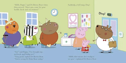 Illustration from a children's book with cartoon animals in a doctor's office.